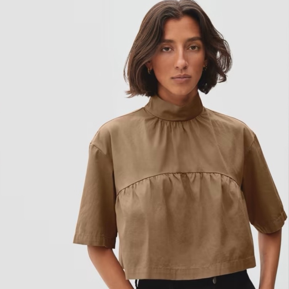 everlane the tiered mock neck top in brown